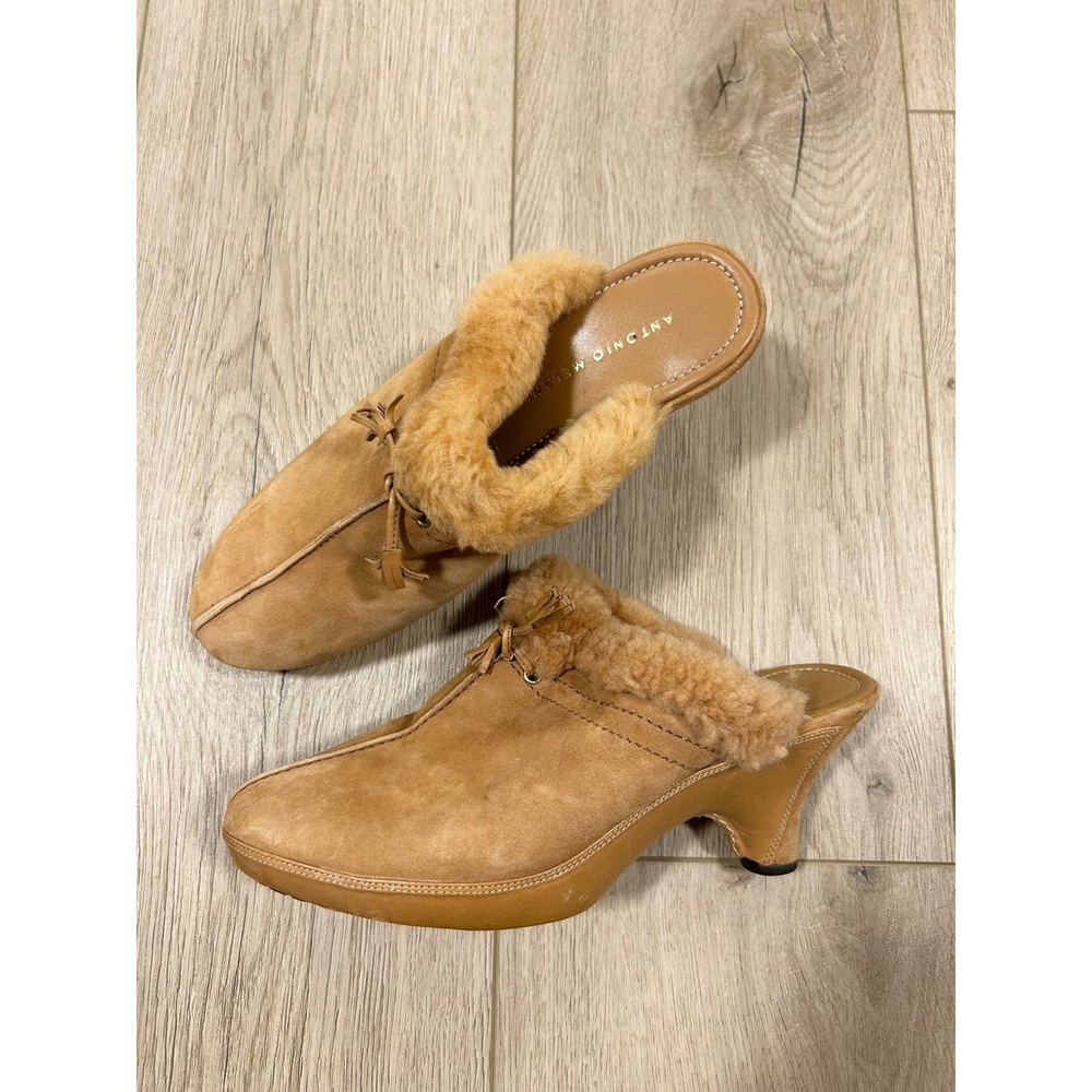 Antonio Melani Tan Suede Faux Fur Trim Tassel Mules Kitten Heel Shoe Womens 7.5M